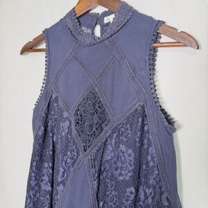 Skylar + Jade Navy Blue Lace Mock Neck Sleeveless Mini Dress Boho Womens Medium